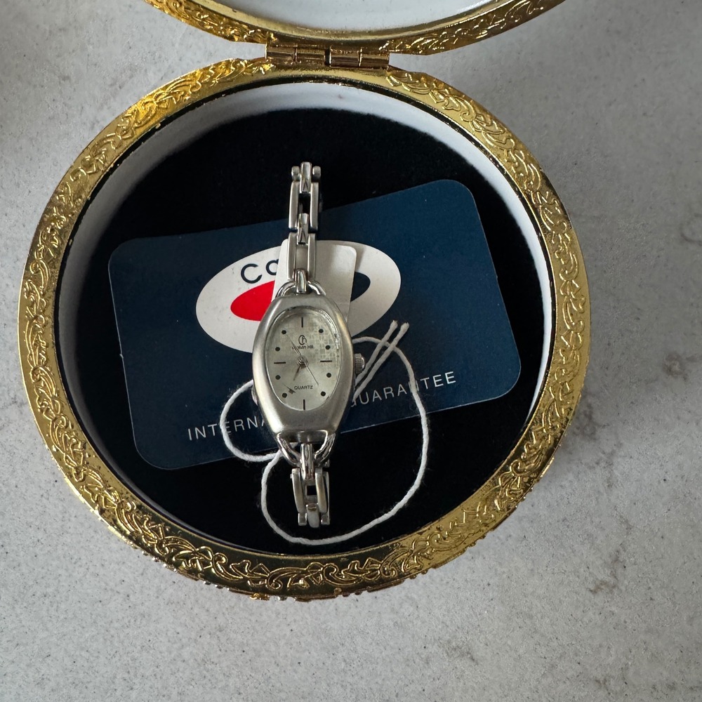 Calvin Hill Womens‎ Silver Tone Oval Quartz Watch with Porcelain Trinket Box NIB